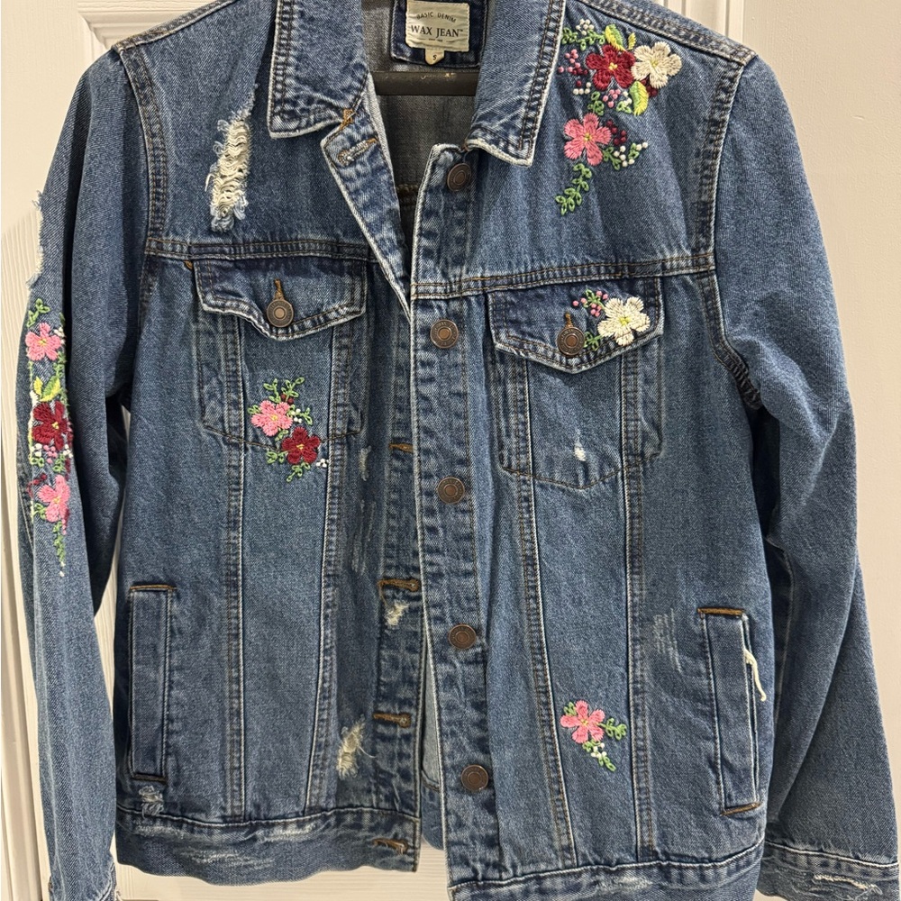 Wax Jean Blue Denim Jacket with Floral Embroidery